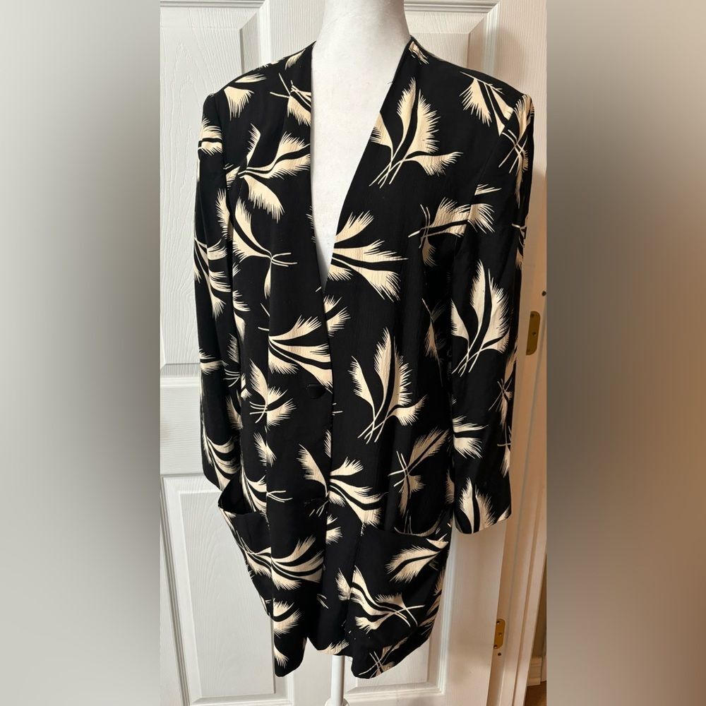 Vintage 80’s Laura Henson Blazer Jacket Size 12 Black Cream Feathers w/Pockets